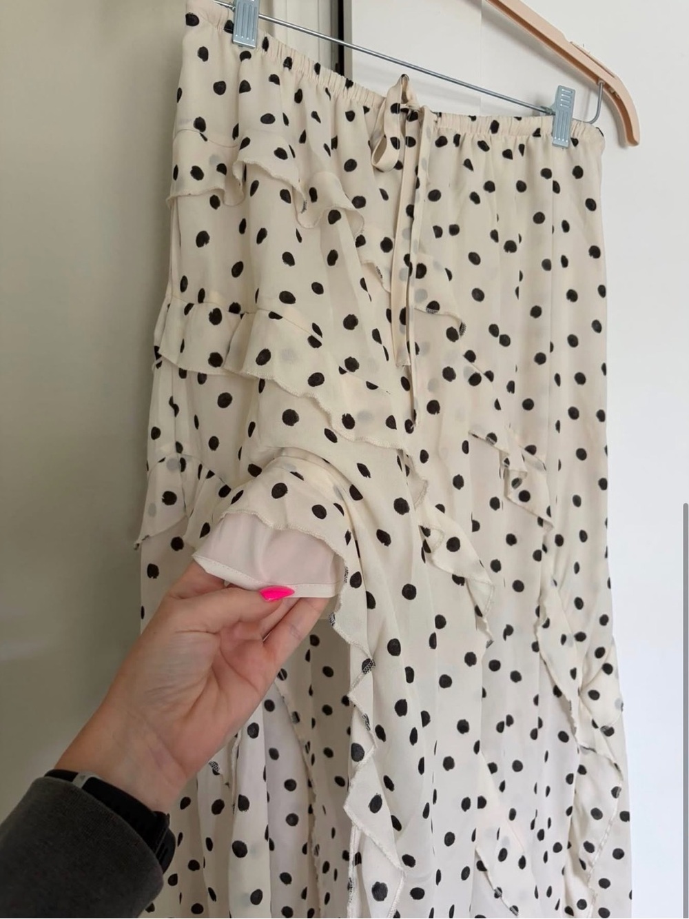 wild fable Cream and Black Polka Dot Ruffle Midi Skirt